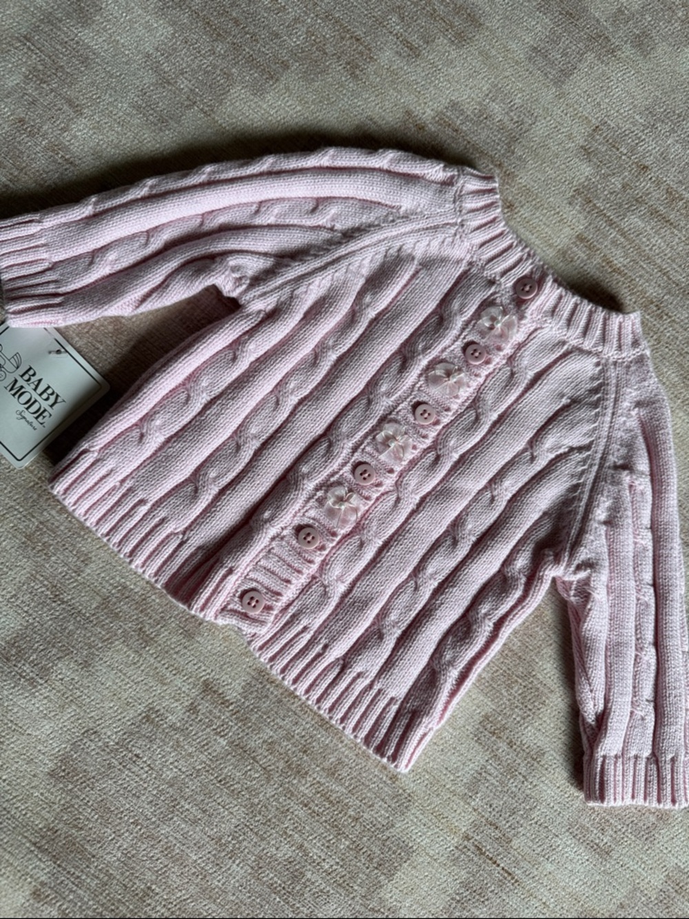 Pink Cable Knit Baby Cardigan Sweater with Pearl and Bow detailing Size 0-3M NWT